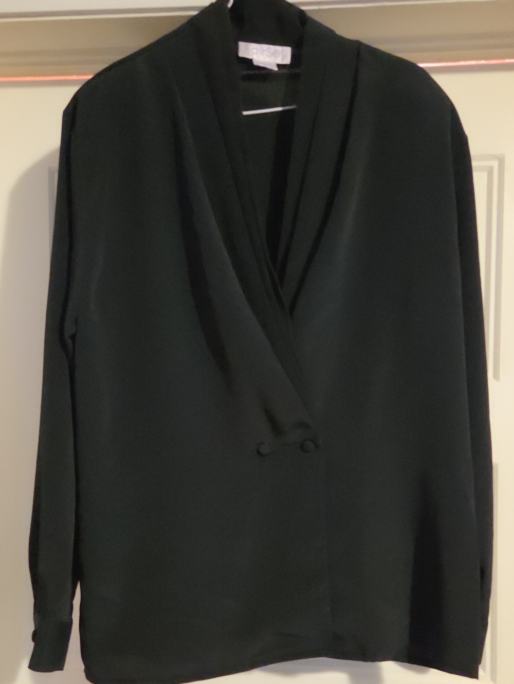 Classic Black Wrap-Front Button-Detail Blouse